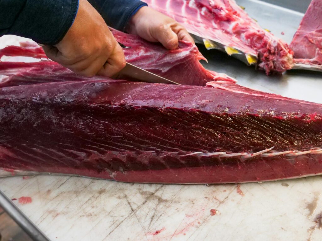 Yellowfin tuna being sliced